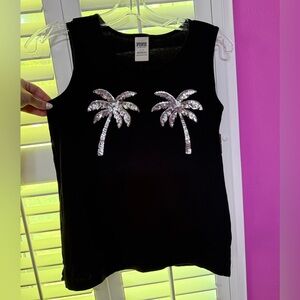 Black PINK Tank Top with Silver Palm Tree Design